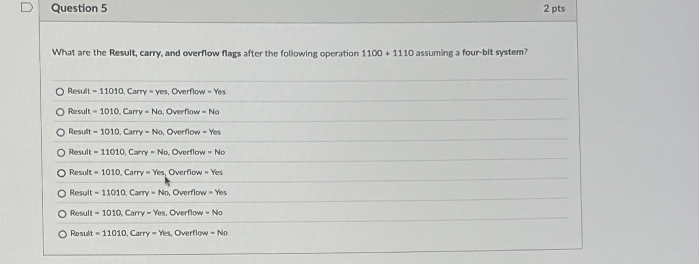 Question 5 What are the Result, carry, and