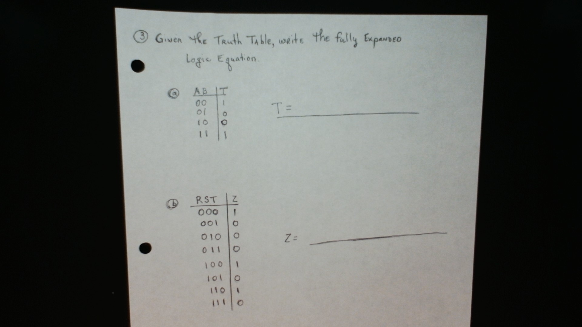 ( 3 ) Given the Truth Table, write the fully