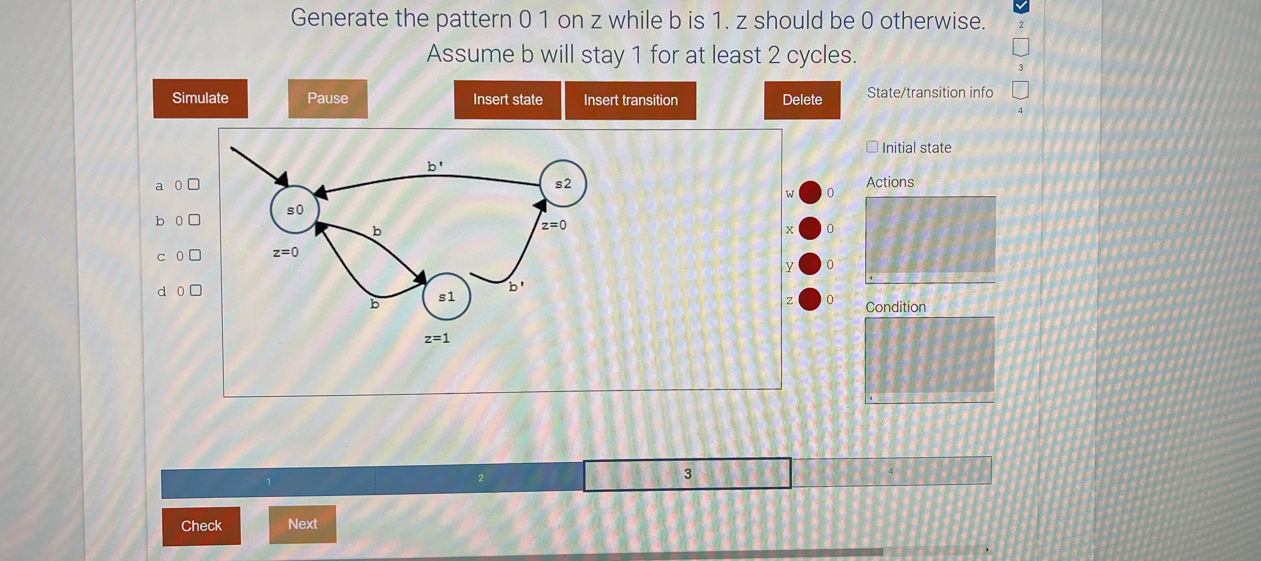 Generate the pattern 0 1 on z while b is 1 . Z