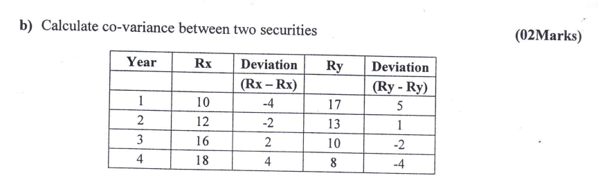 b) Calculate co-variance between two securities