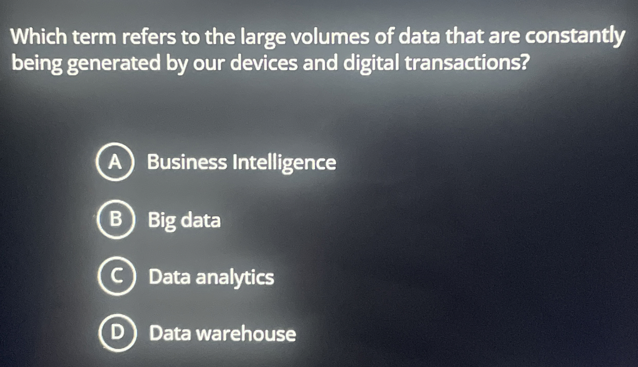 Which term refers to the large volumes of data