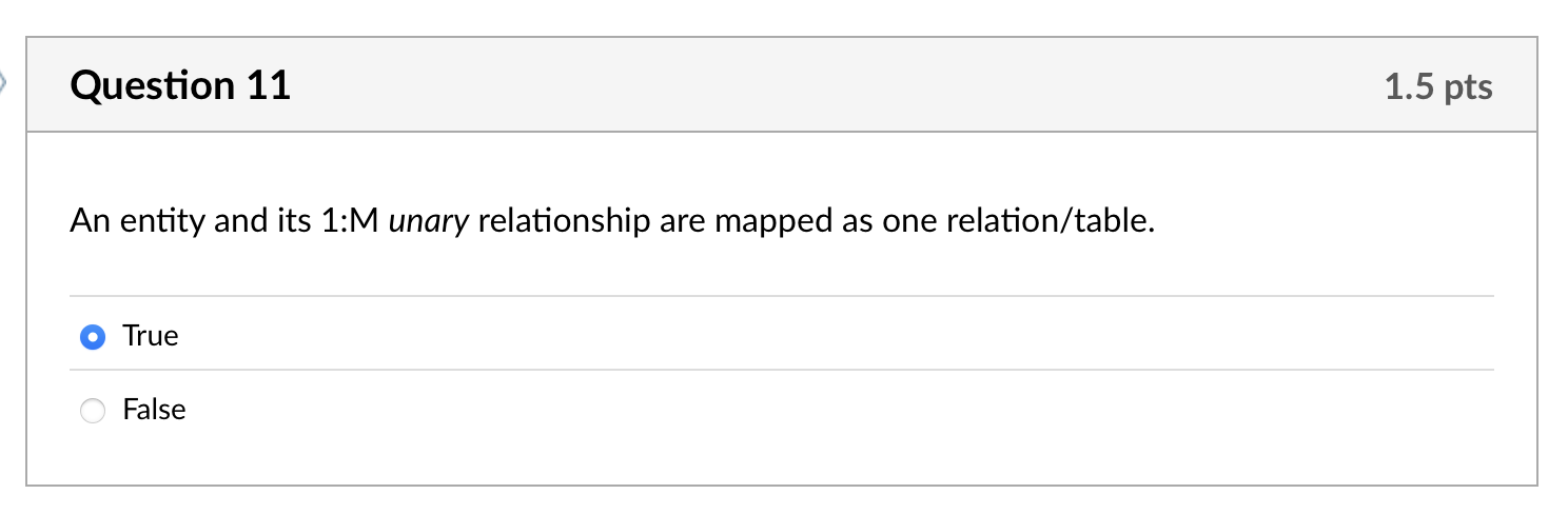 Question 1 1 An entity and its 1 :M unary