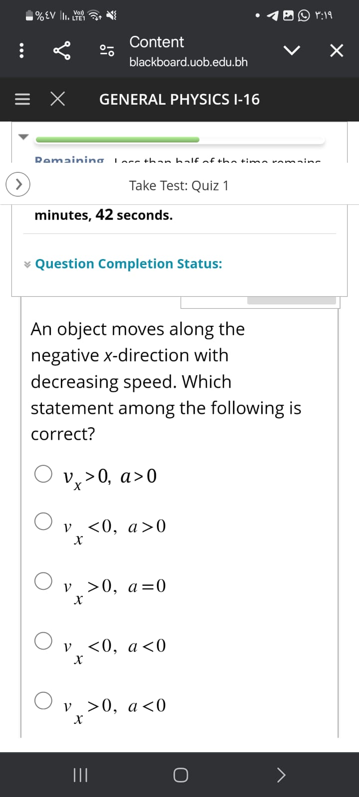 An object moves along the negative x - direction