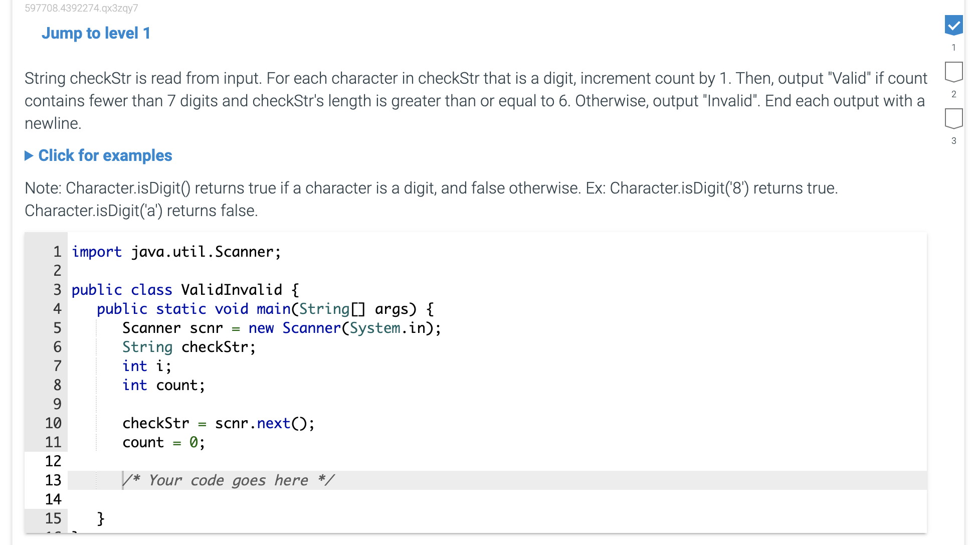 Jump to level 1 String checkStr is read from