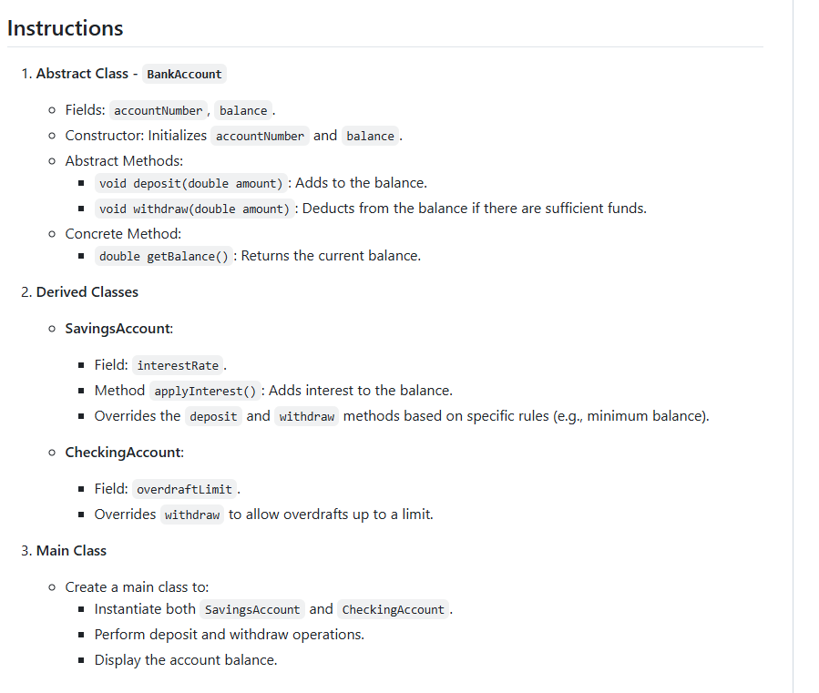 Instructions 1 . Abstract Class - BankAccount -