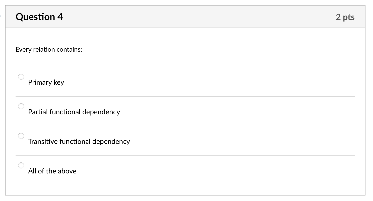Question 4 Every relation contains: Primary key