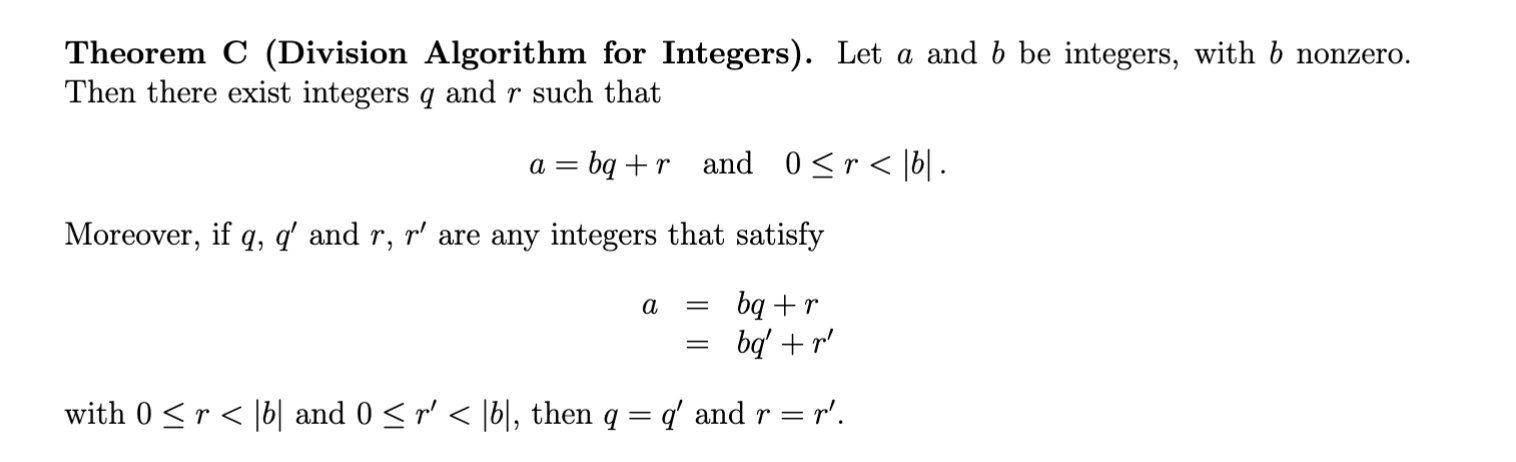 Theorem C ( Division Algorithm for Integers ) .