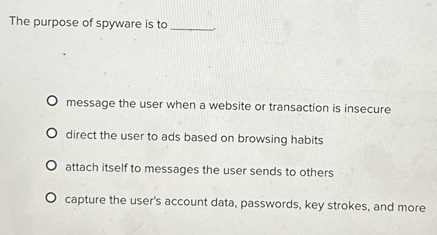 The purpose of spyware is to message the user