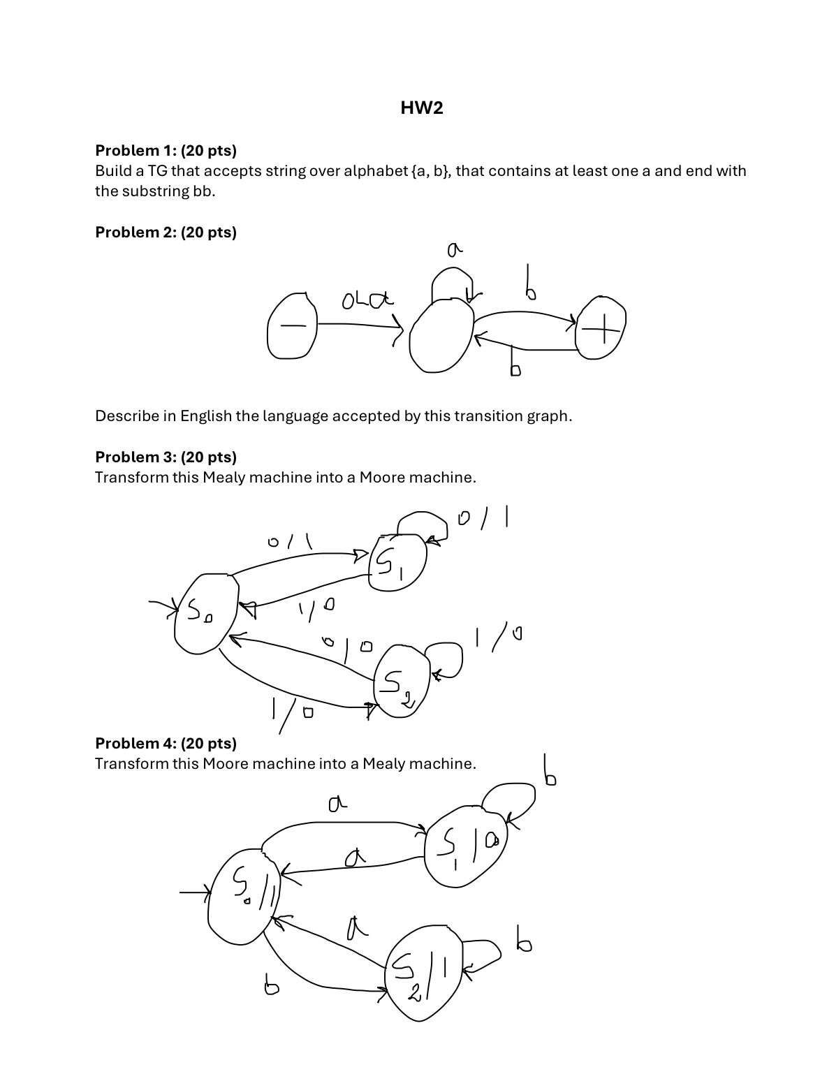 Problem 1 : ( 2 0 pts ) Build a TG that accepts