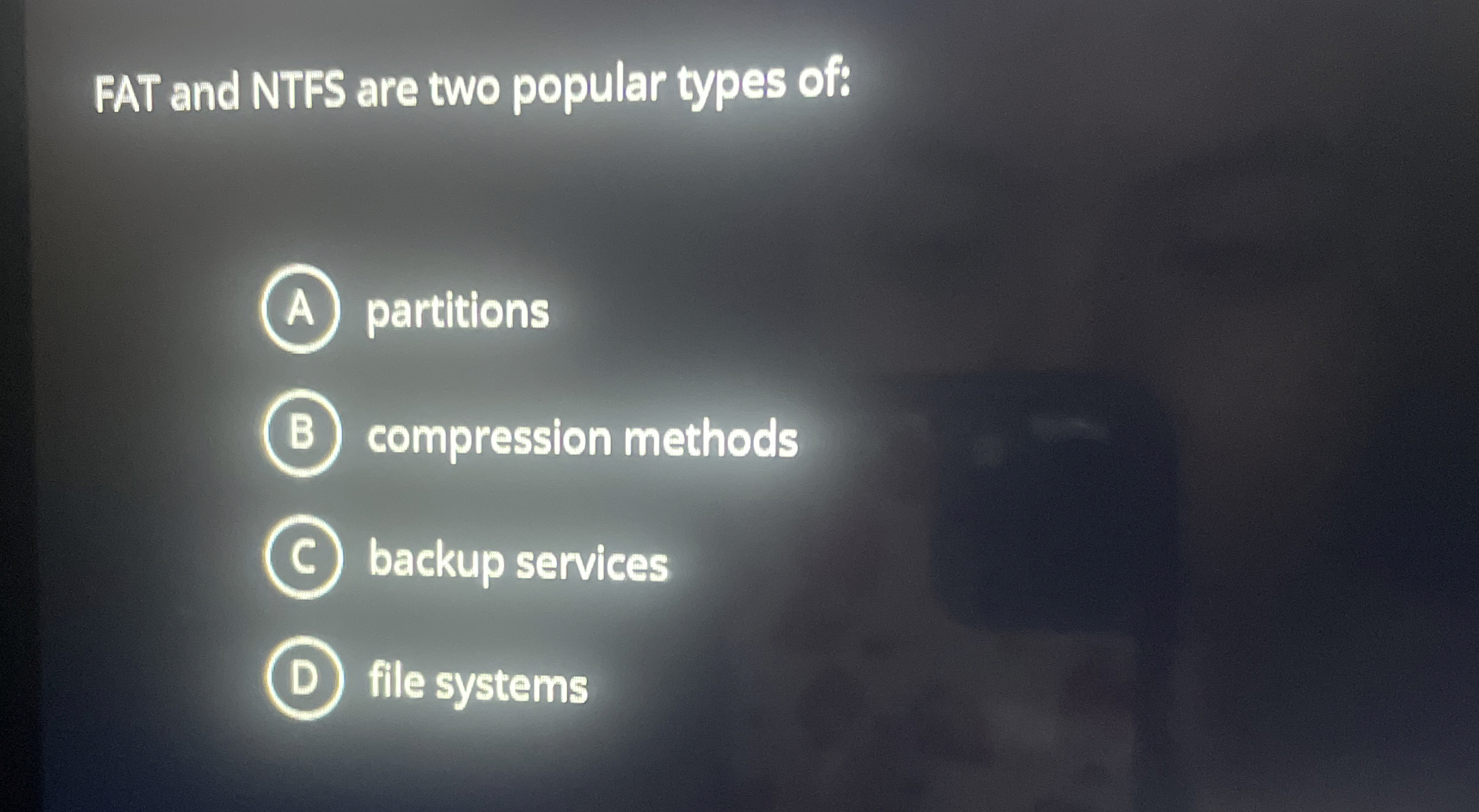 FAT and NTFS are two popular types of: partitions