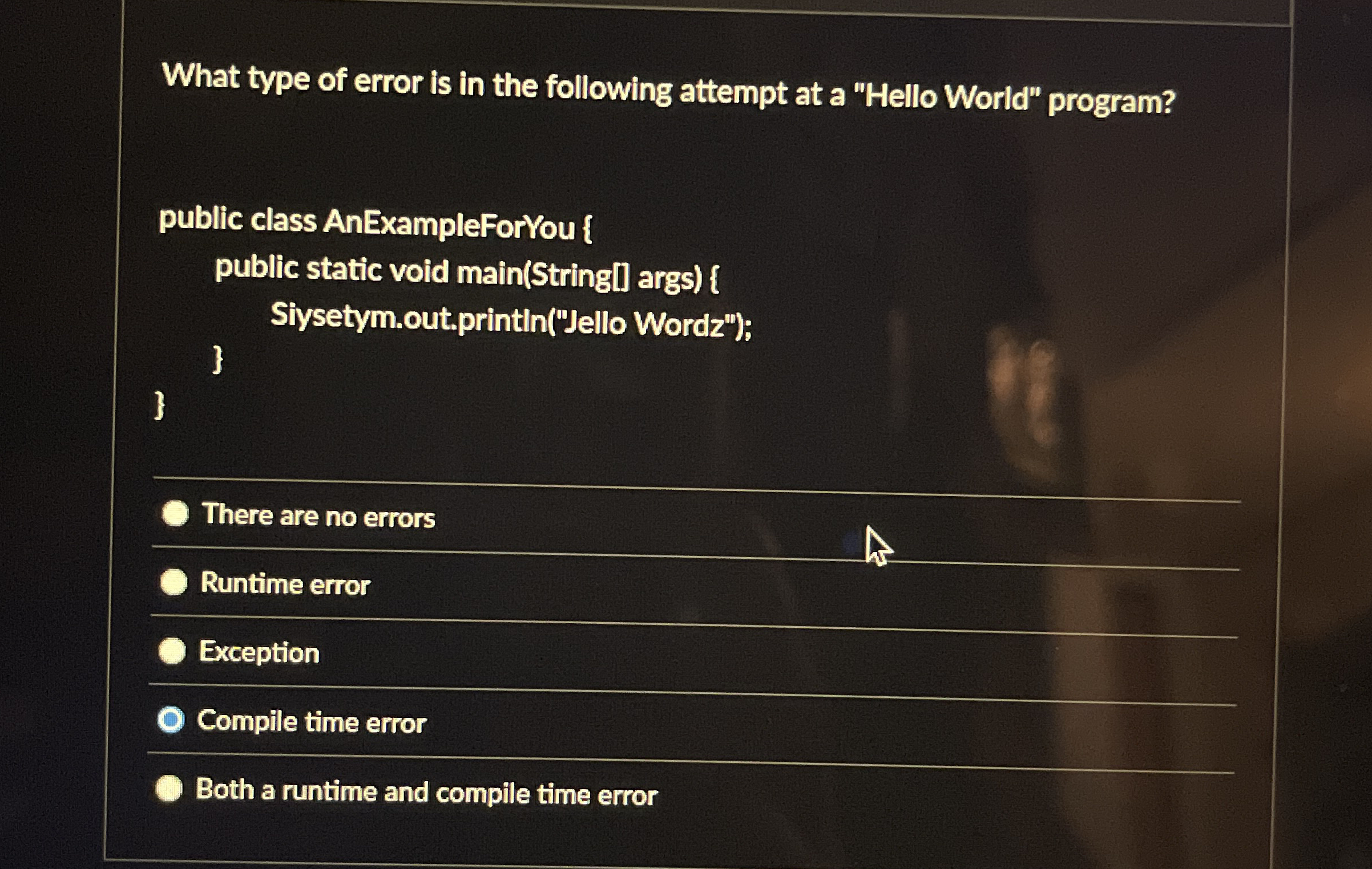 What type of error is in the following attempt at
