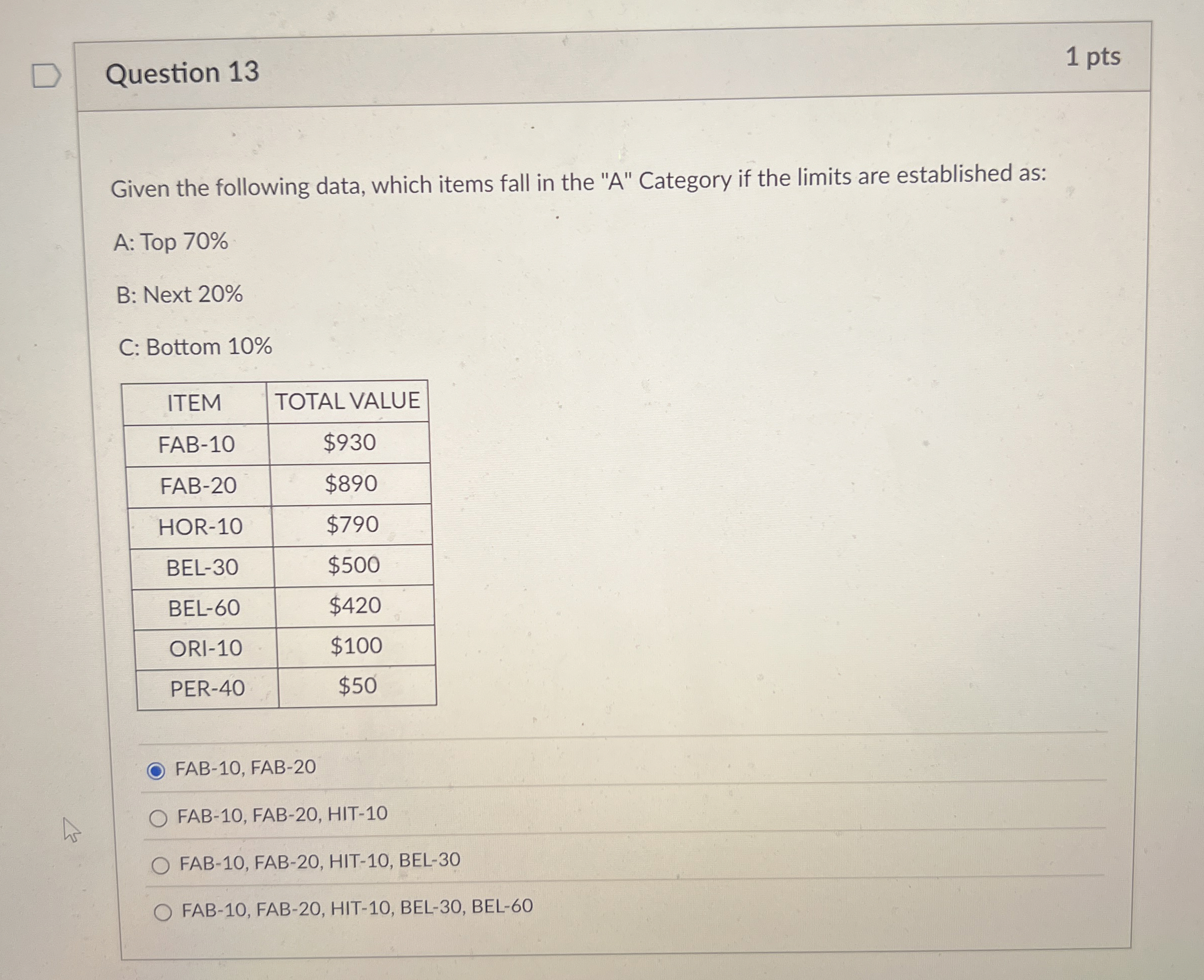 Question 1 3 Given the following data, which