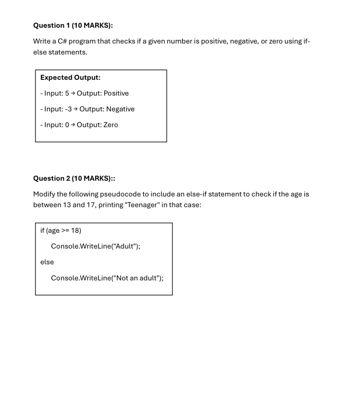 Question 1 ( 1 0 MARKS ) : Write a C# program