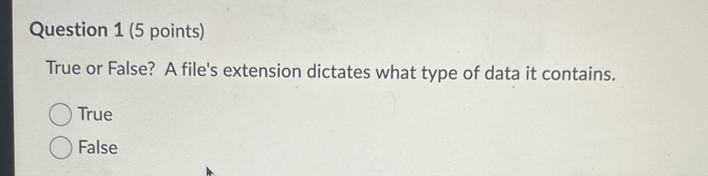 Question 1 ( 5 points ) True or False? A file's