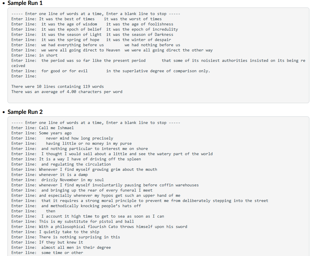 - Sample Run 1 - - - - - Enter one line of words