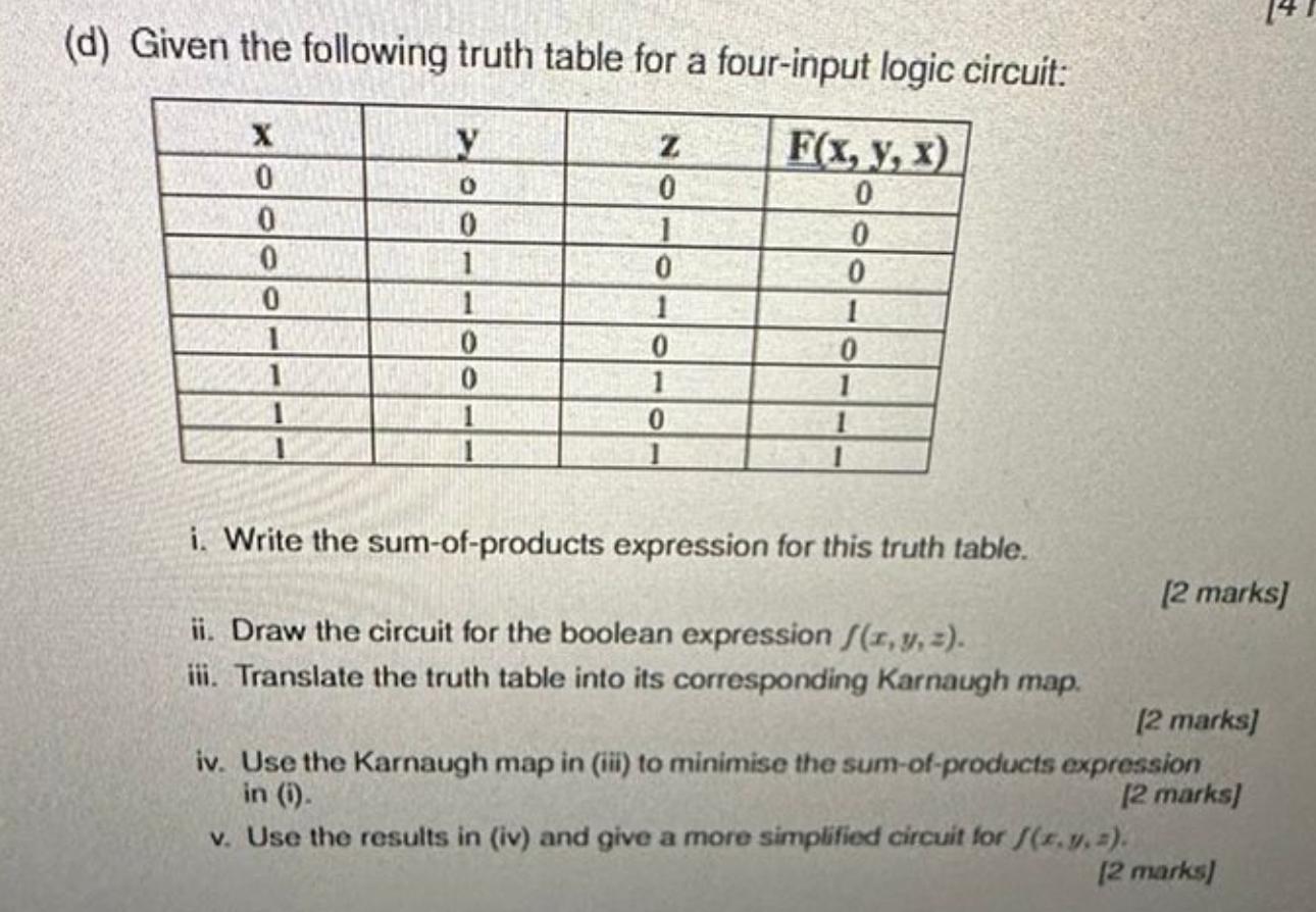 ( d ) Given the following truth table for a four