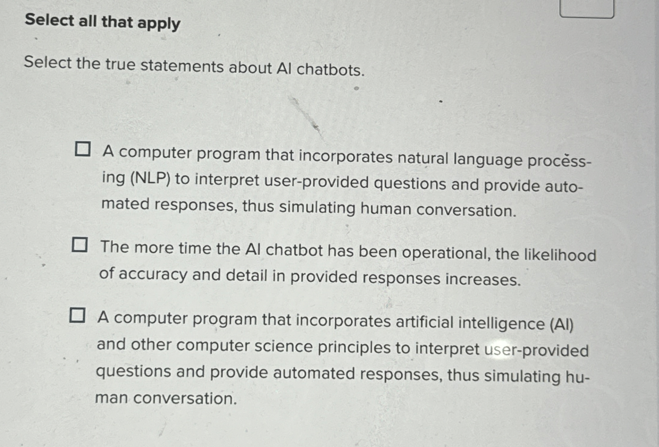 Select all that apply Select the true statements