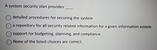 A system security plan provides q , detailed