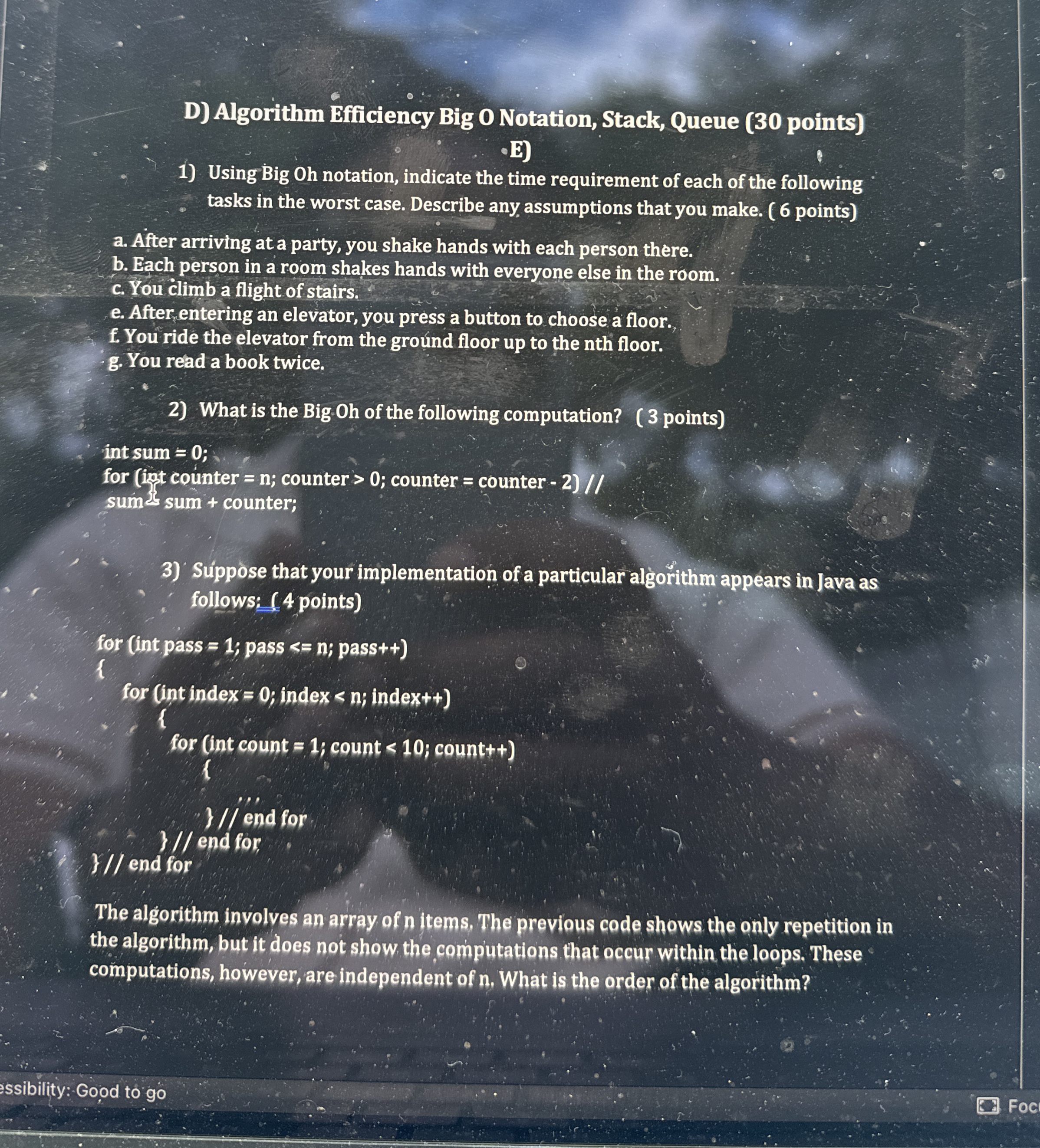D ) Algorithm Efficiency Big 0 Notation, Stack,