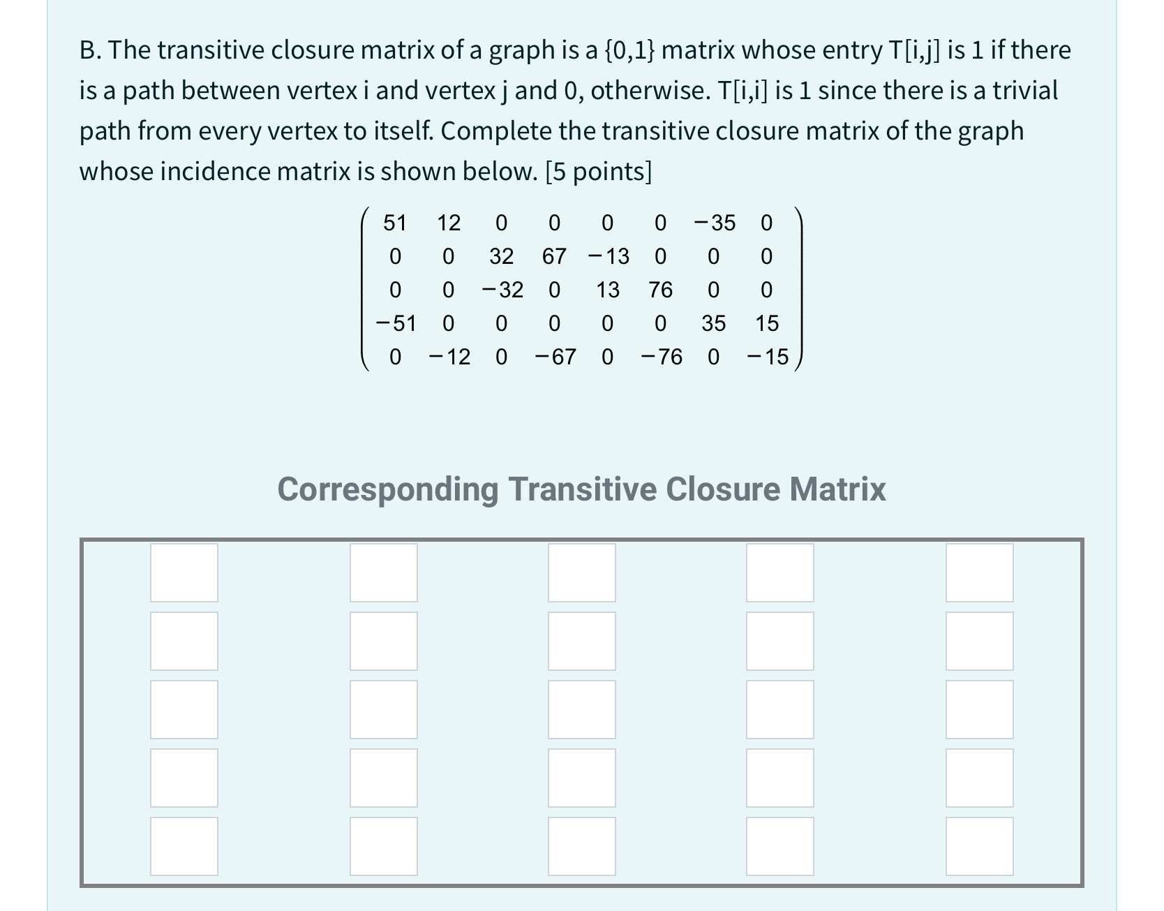 B . The transitive closure matrix of a graph is a