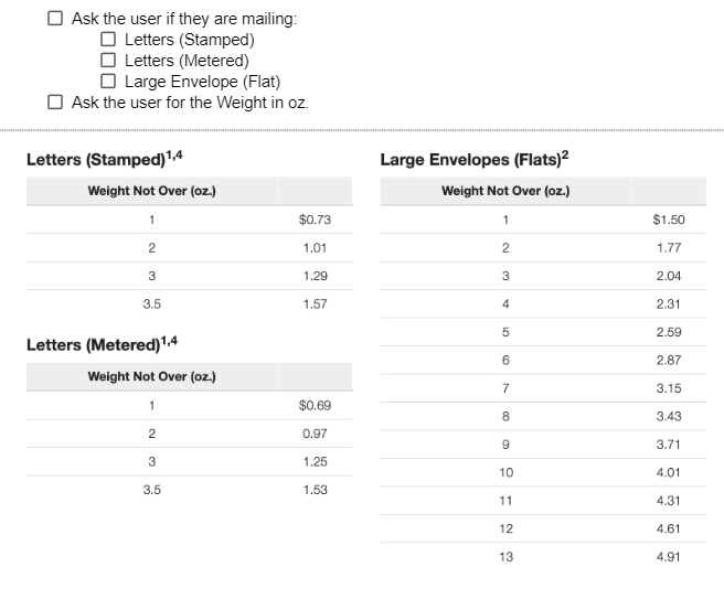 Ask the user if they are mailing: Letters (