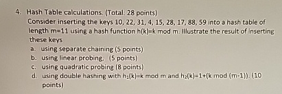 Hash Table calculations. ( Total: 2 8 points )