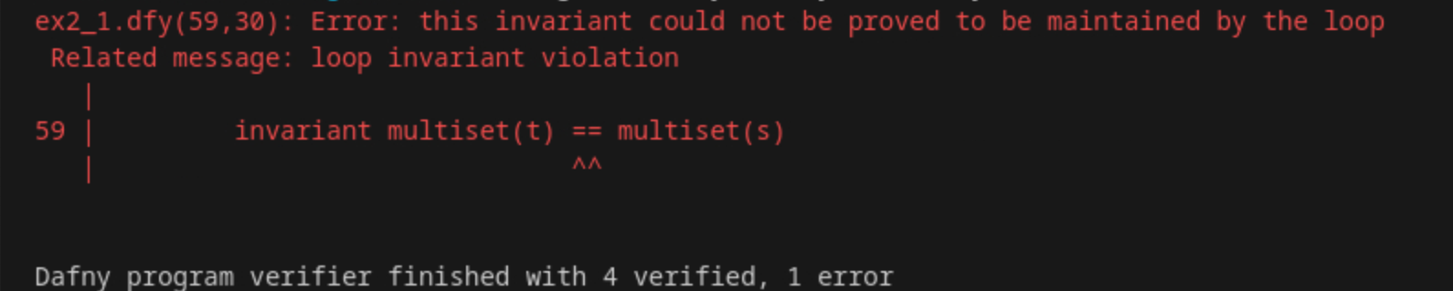The dafny program below keeps outputting the