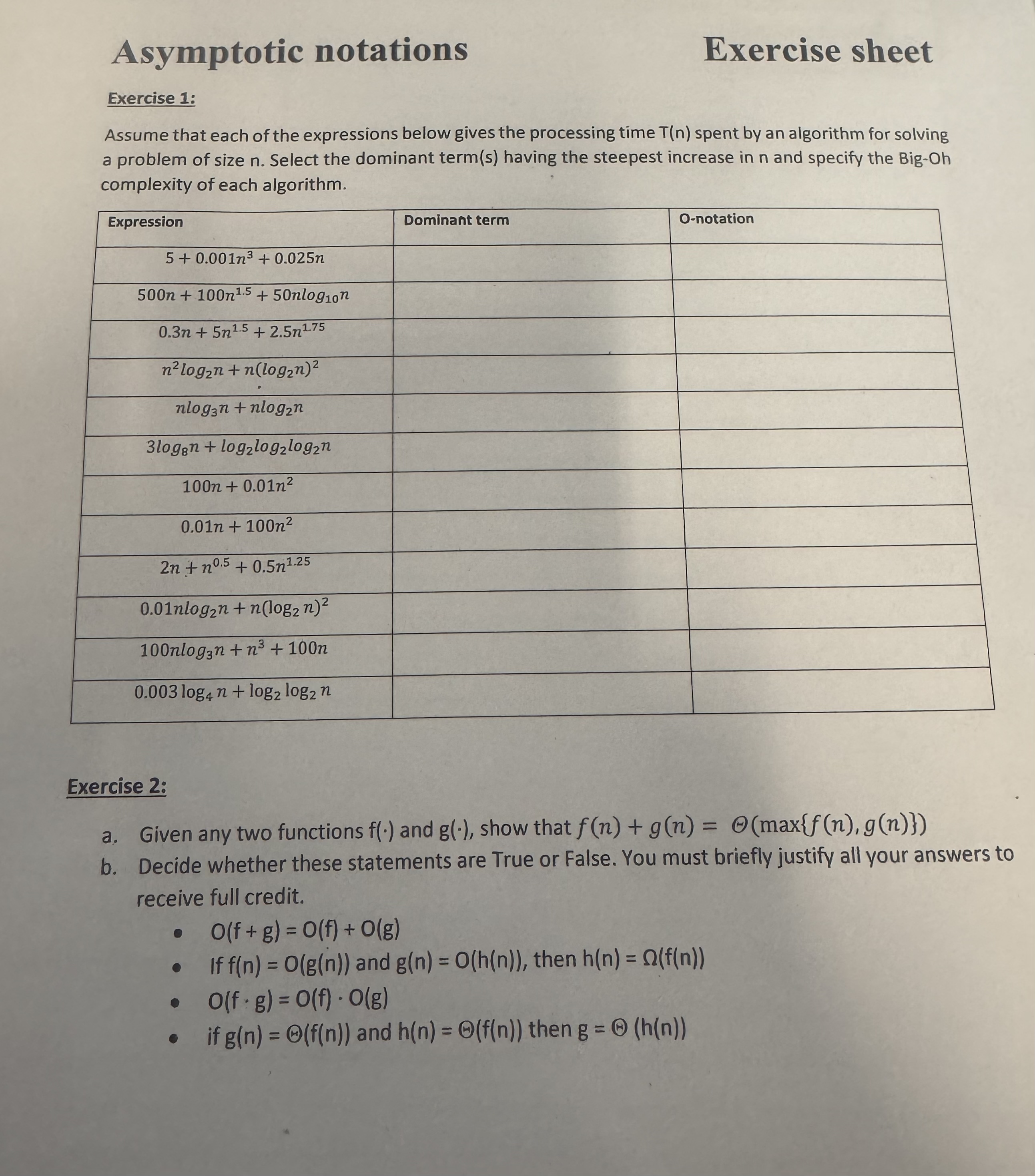 Asymptotic notations Exercise sheet Exercise 1 :
