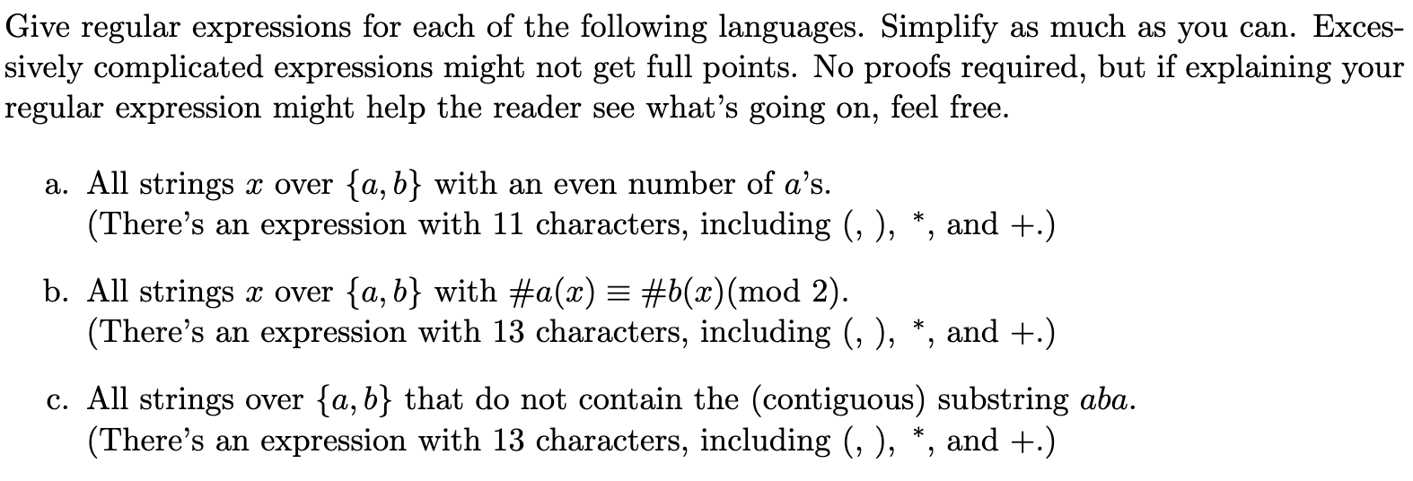 Give regular expressions for each of the