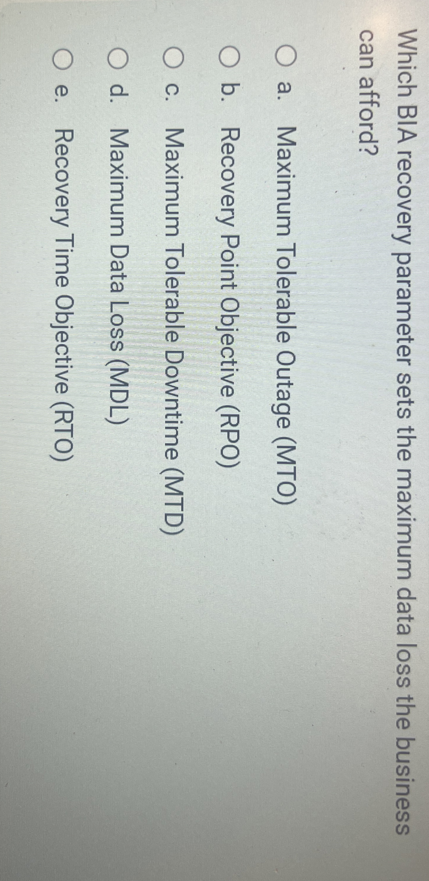 Which BIA recovery parameter sets the maximum