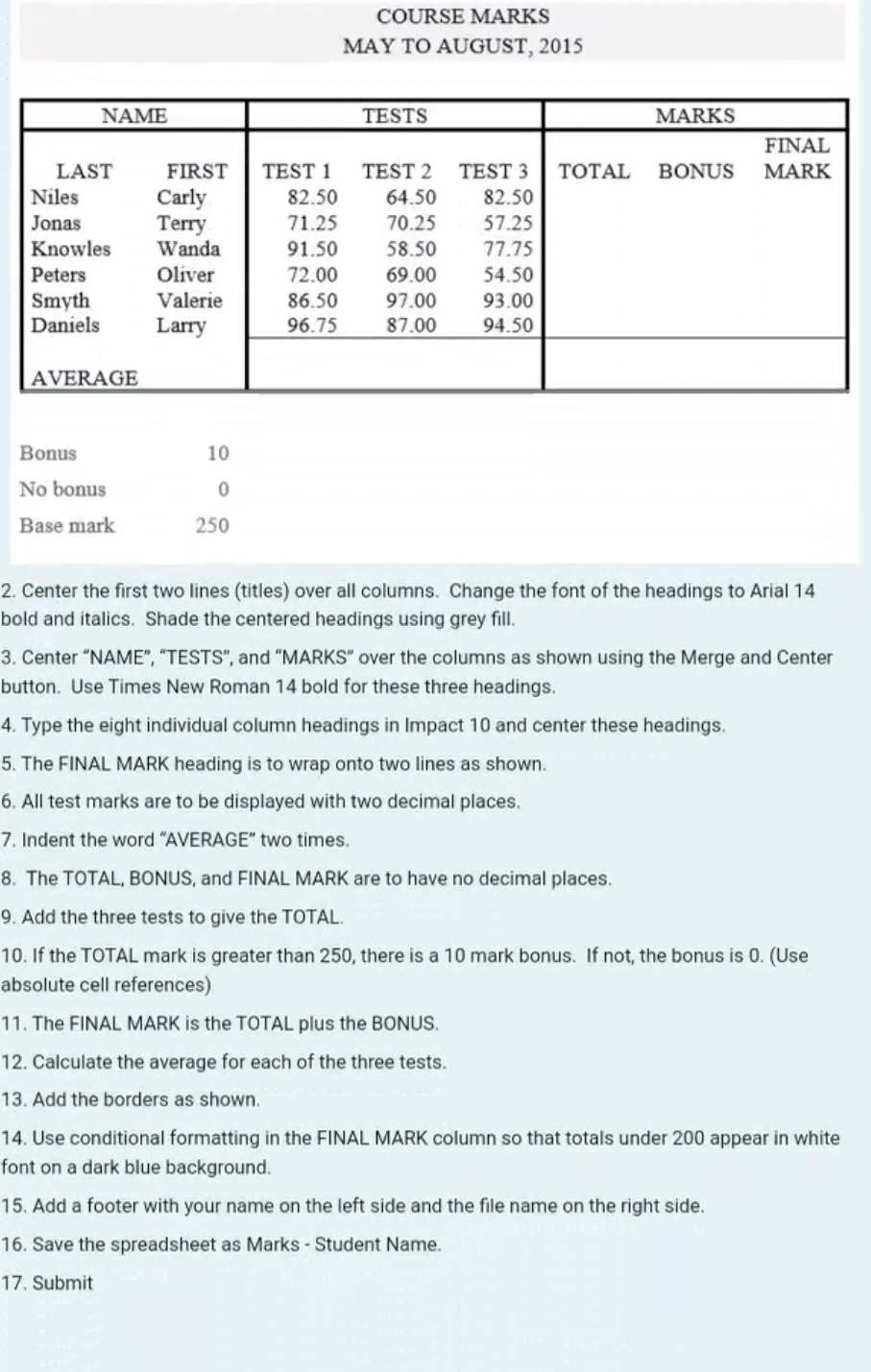 COURSE MARKS MAY TO AUGUST, 2 0 1 5 Center the