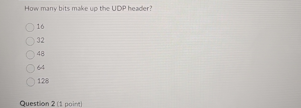 How many bits make up the UDP header? 1 6 3 2 4 8