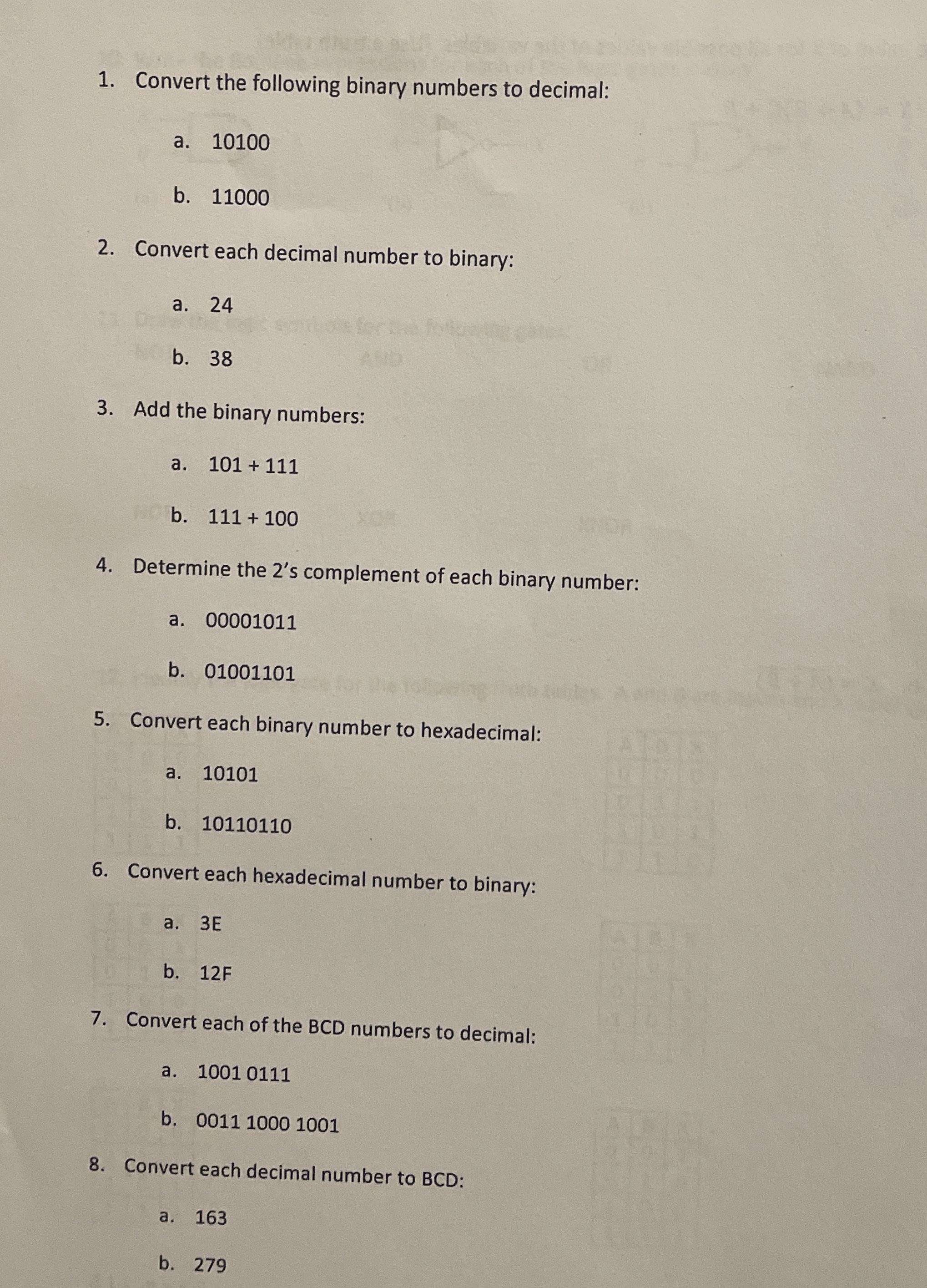 Convert the following binary numbers to decimal: