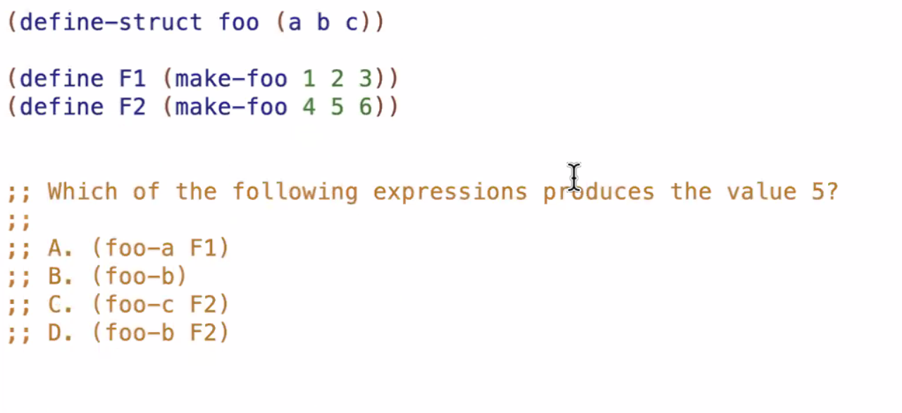 ( define - struct foo ( a b c ) ) ( define F 1 (