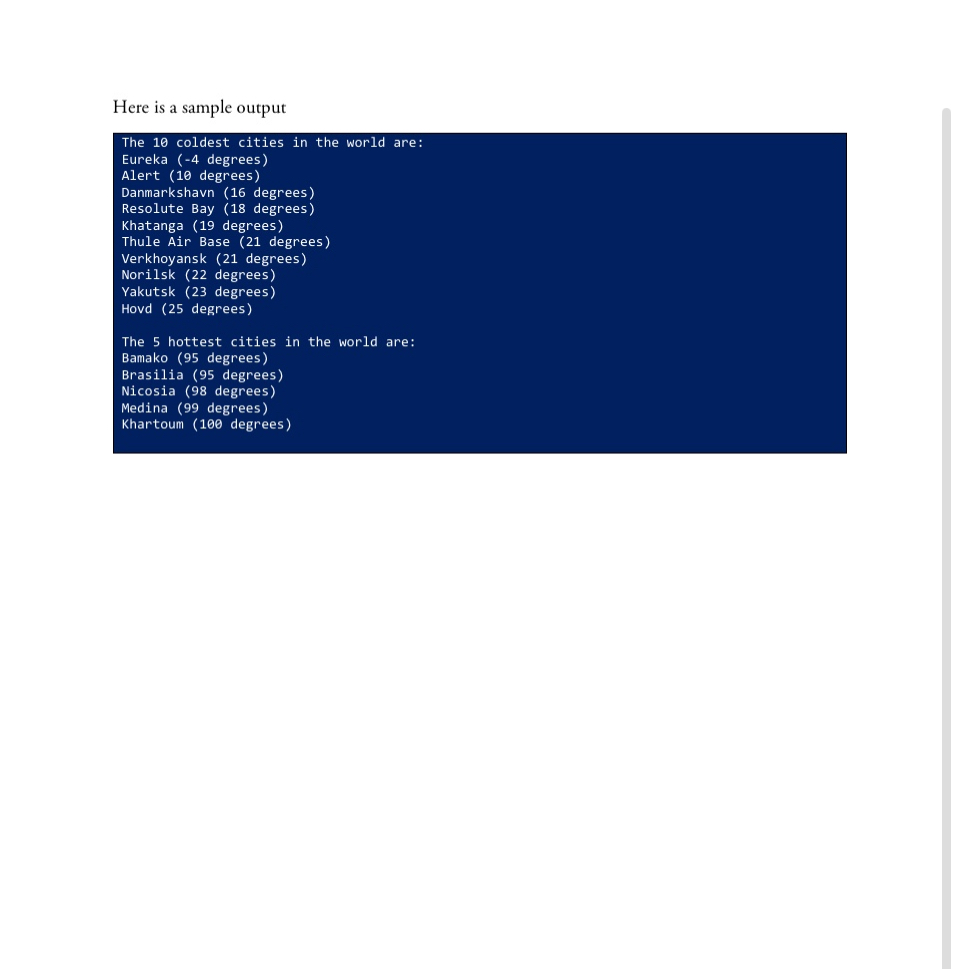 Here is a sample output The 1 0 coldest cities in