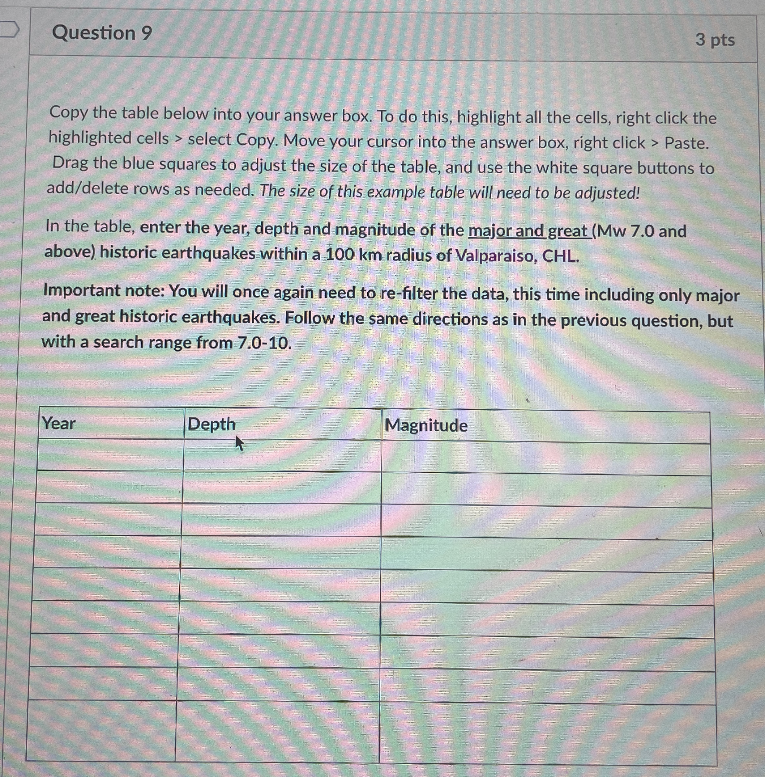 Question 9 3 pts Copy the table below into your