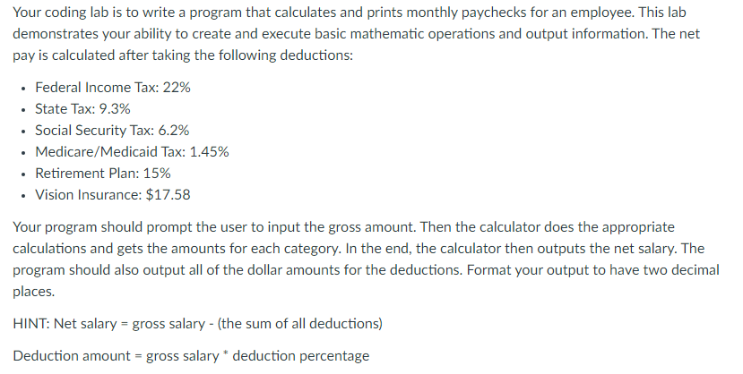 C + + not python Your coding lab is to write a