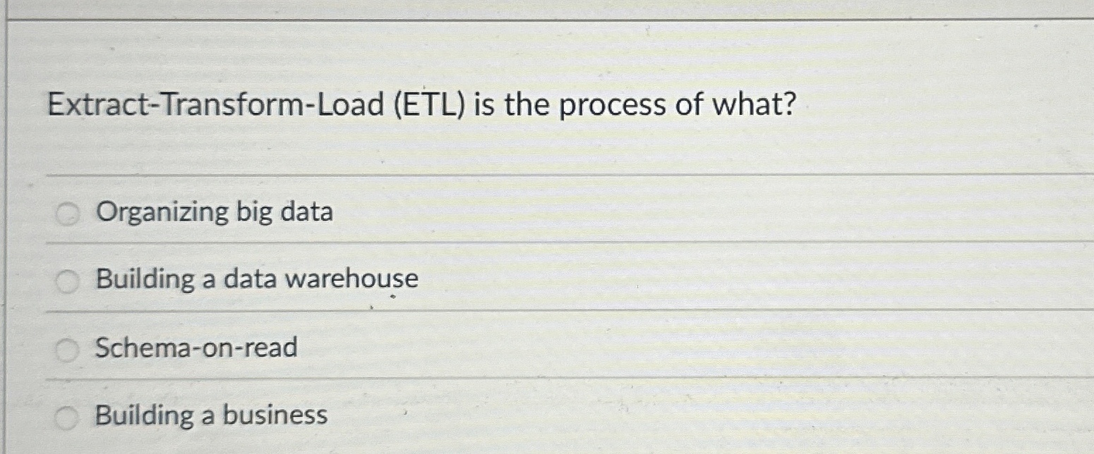 Extract - Transform - Load ( ETL ) is the process