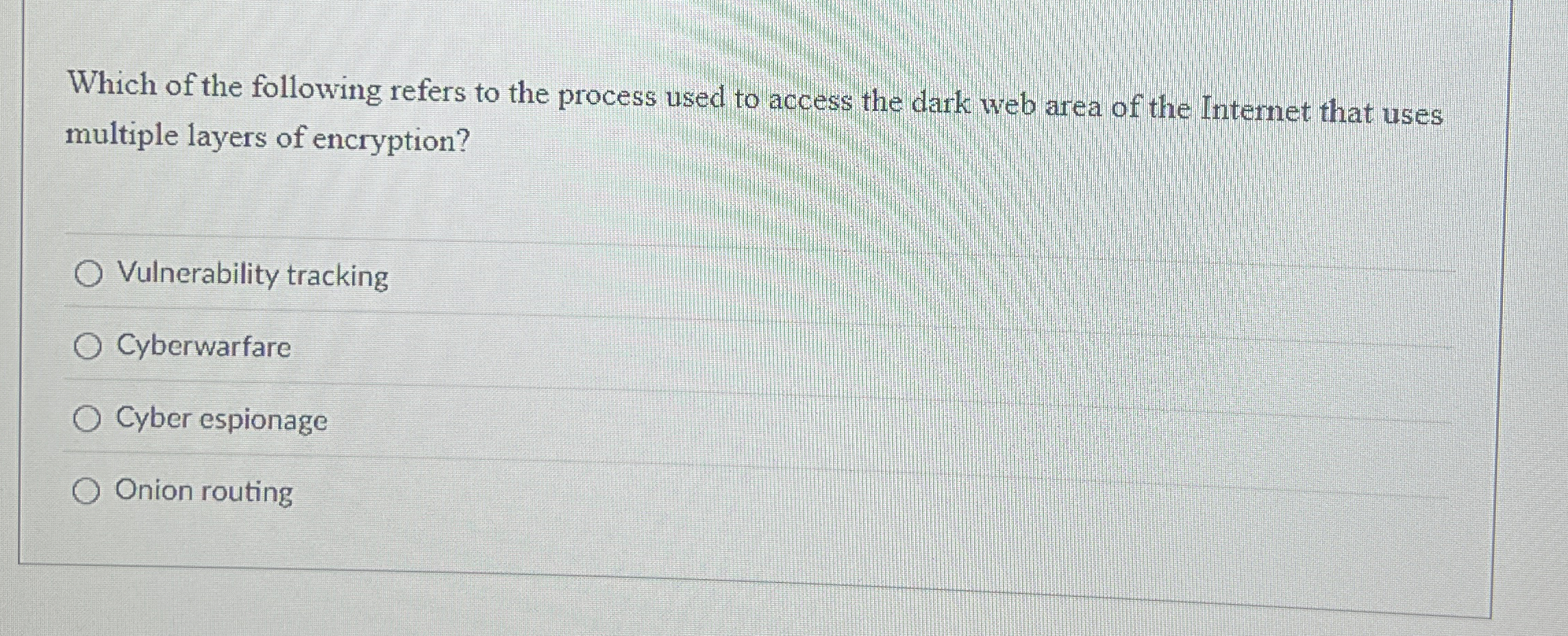Which of the following refers to the process used