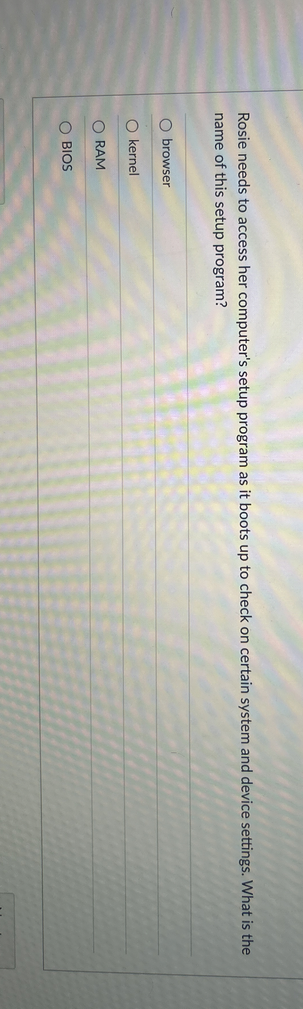 Rosie needs to access her computer's setup