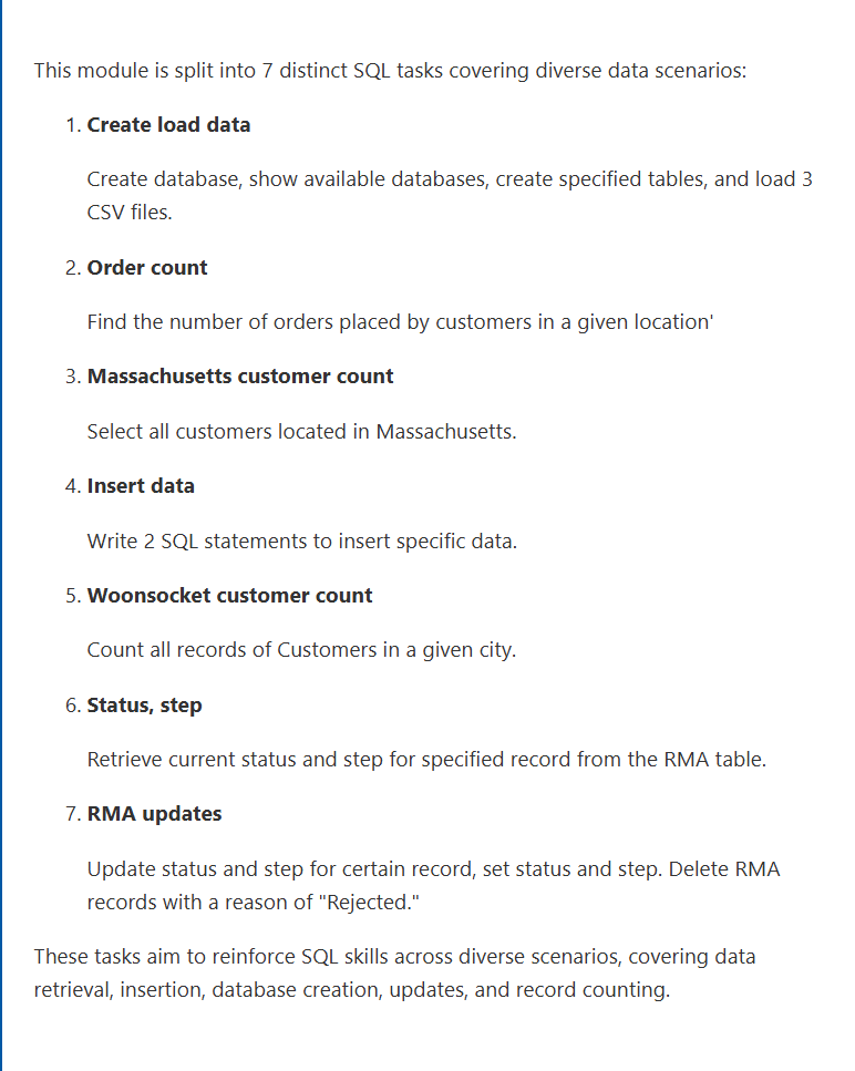 This module is split into 7 distinct SQL tasks