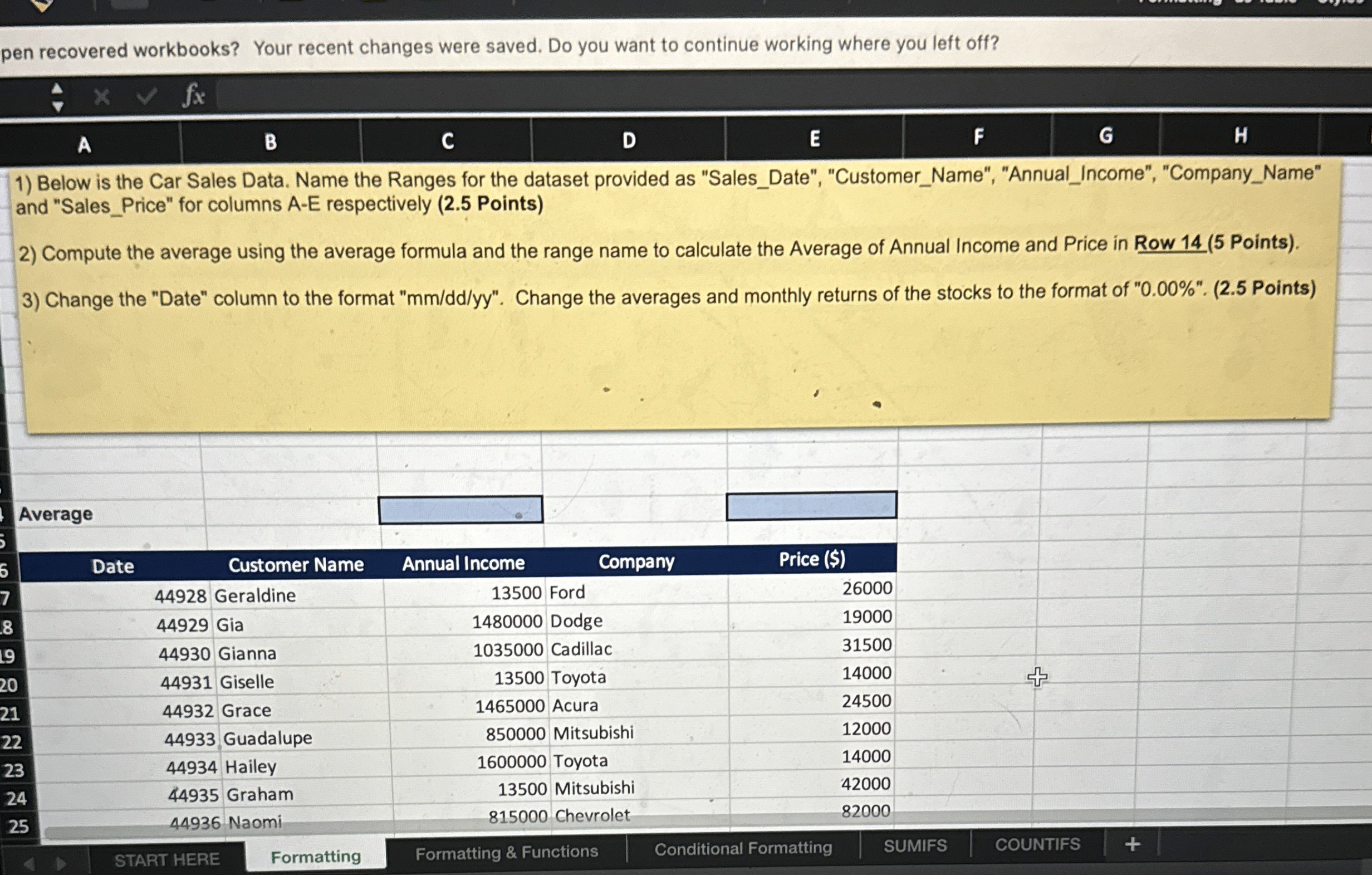 Below is the Car Sales Data. Name the Ranges for