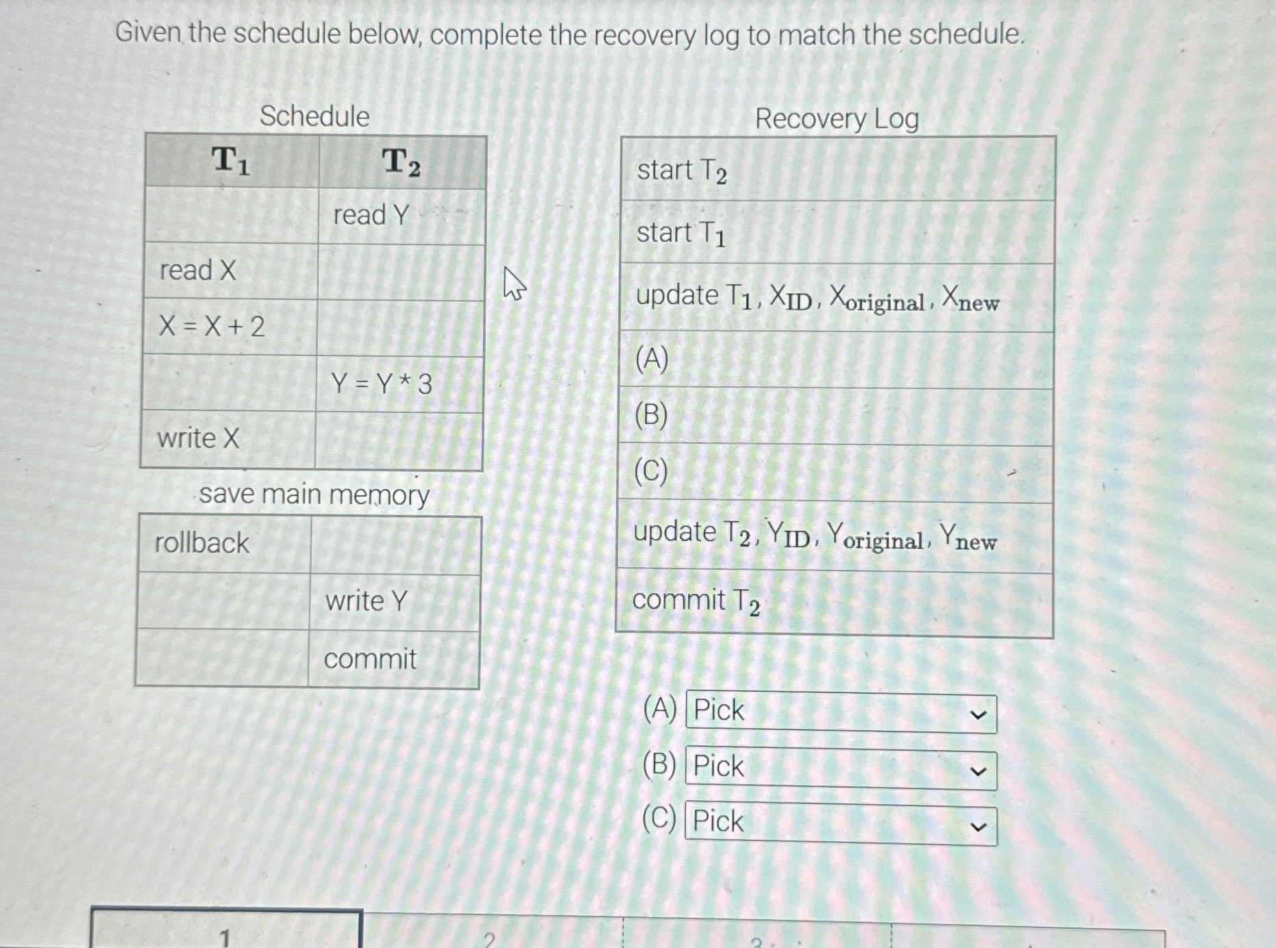 Given the schedule below, complete the recovery
