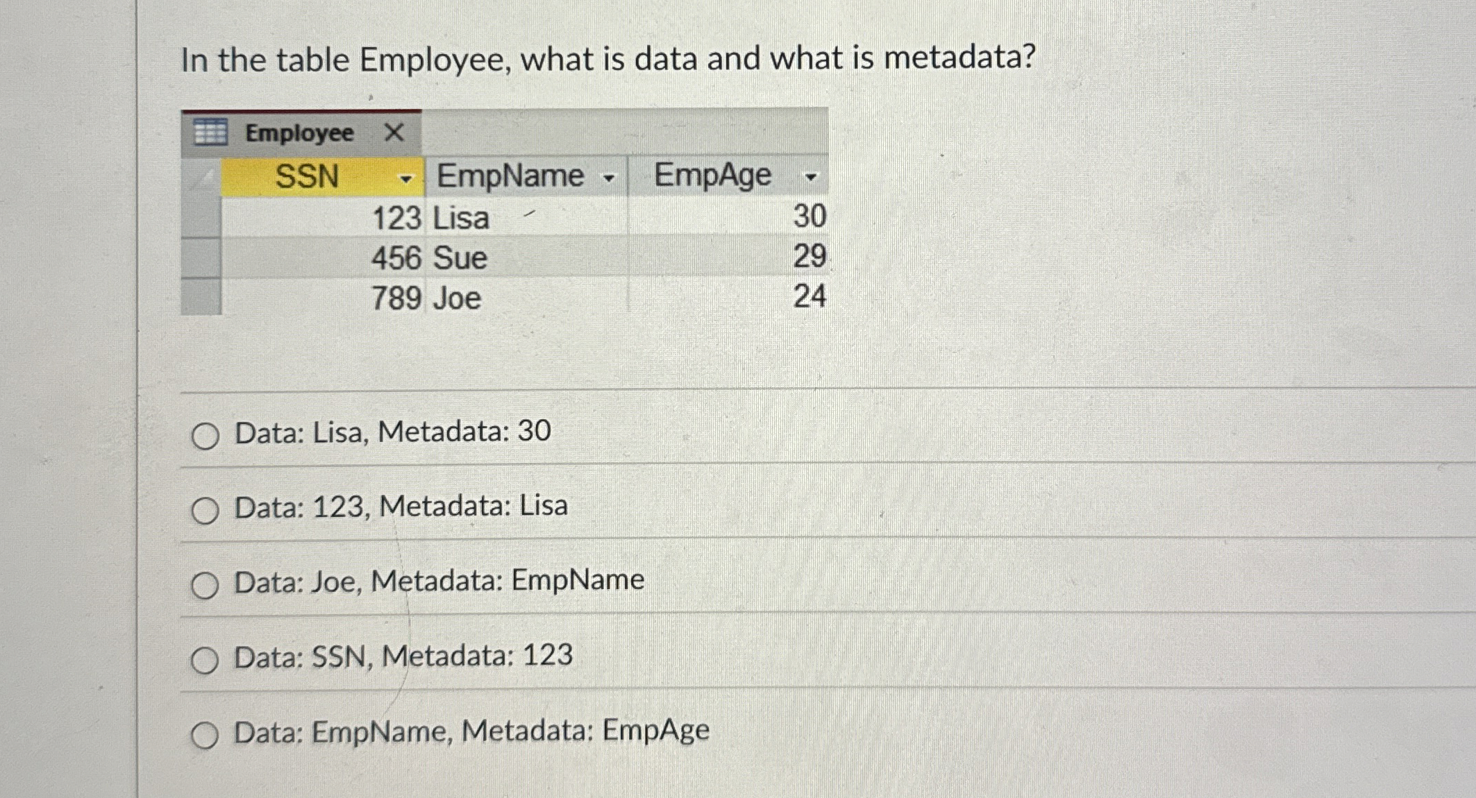 In the table Employee, what is data and what is