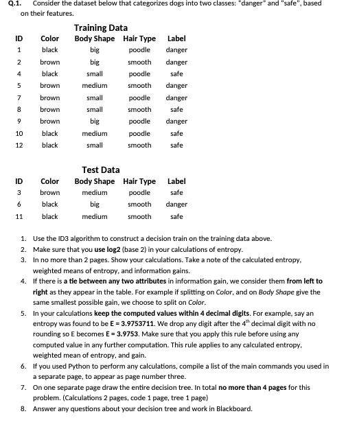 Q . 1 . Consider the dataset below that