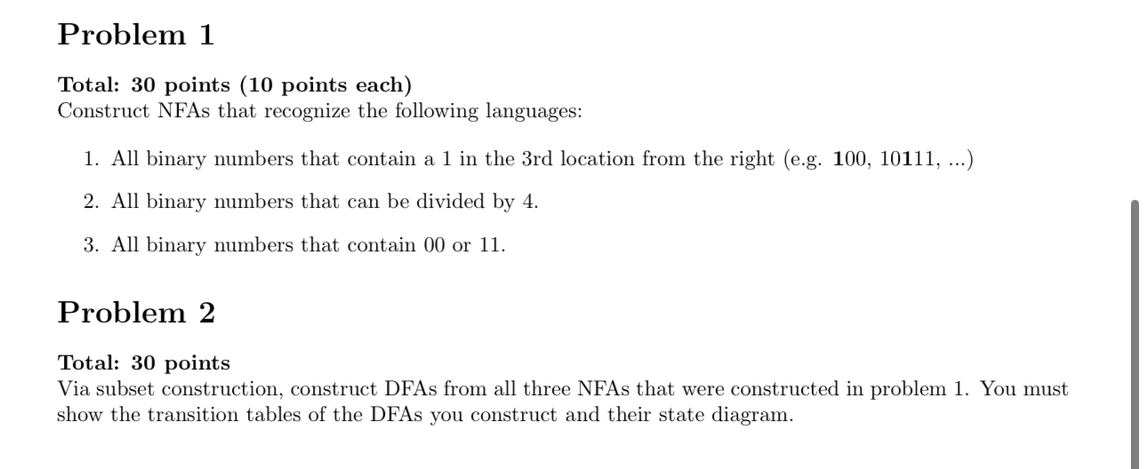 Construct NFAs that recognize the following