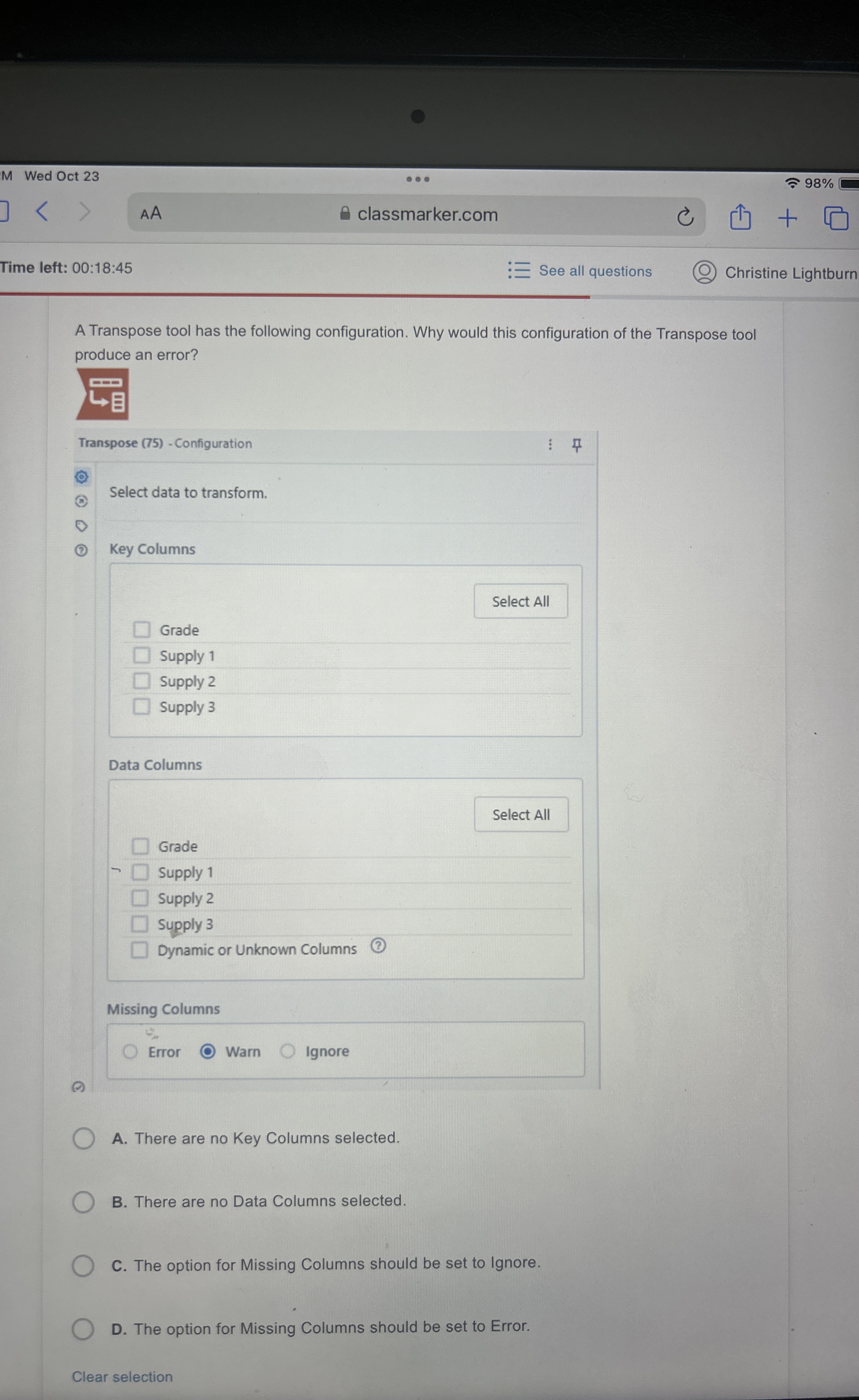 Wed Oct 2 3 9 8 % AA classmarker.com Time left: 0