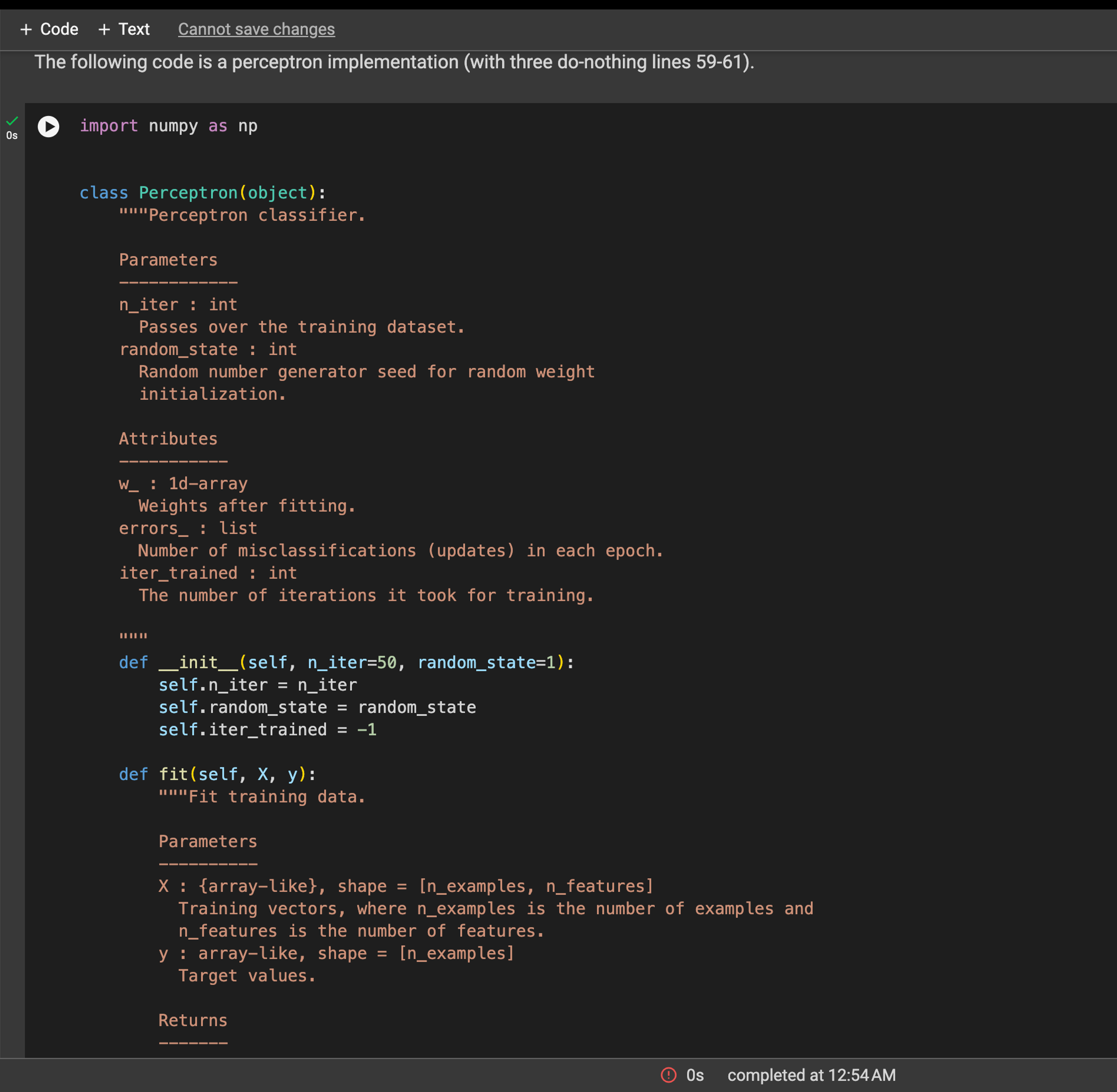 The following code is a perceptron implementation
