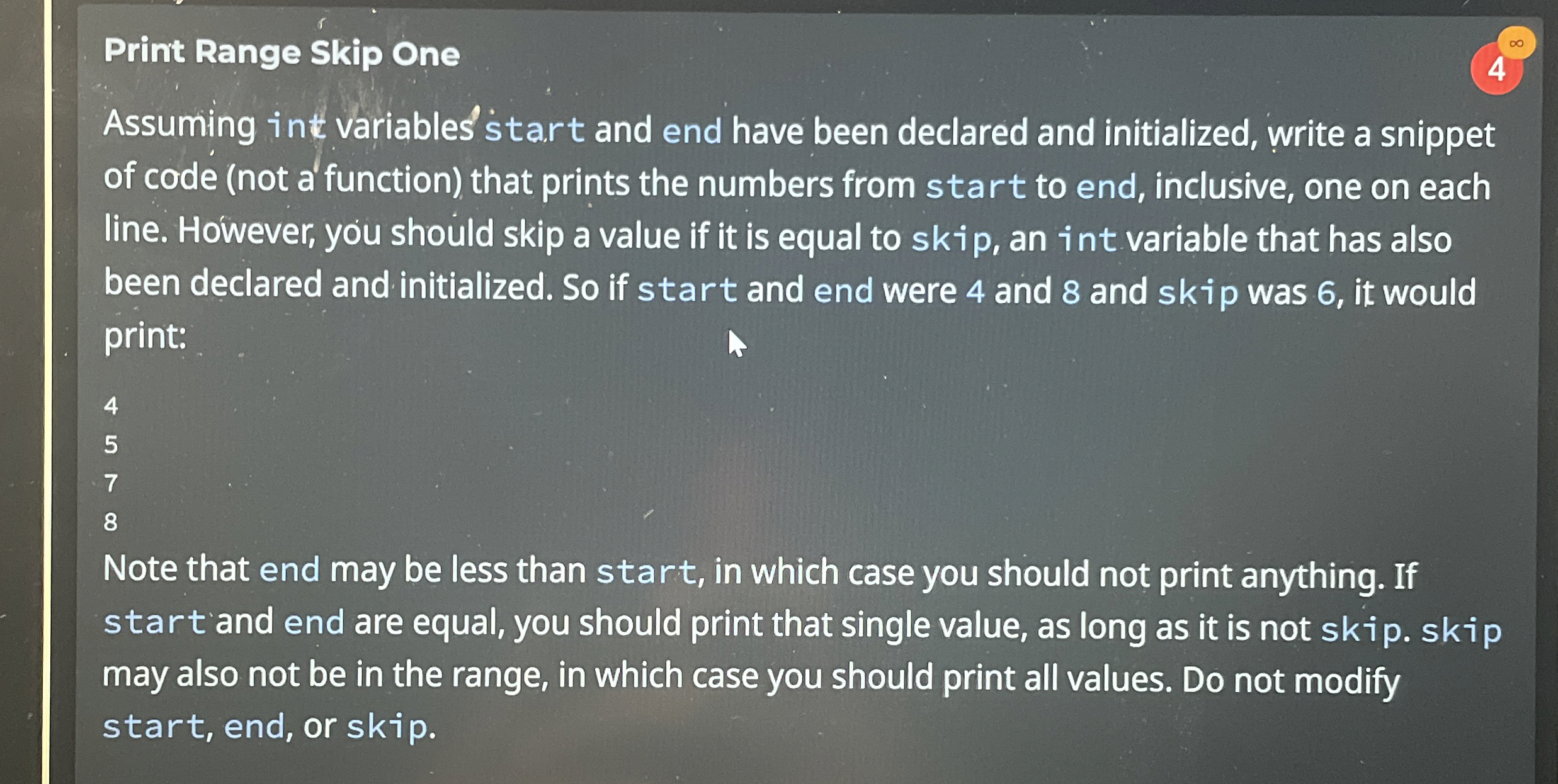 Print Range Skip One Assuming in variables start