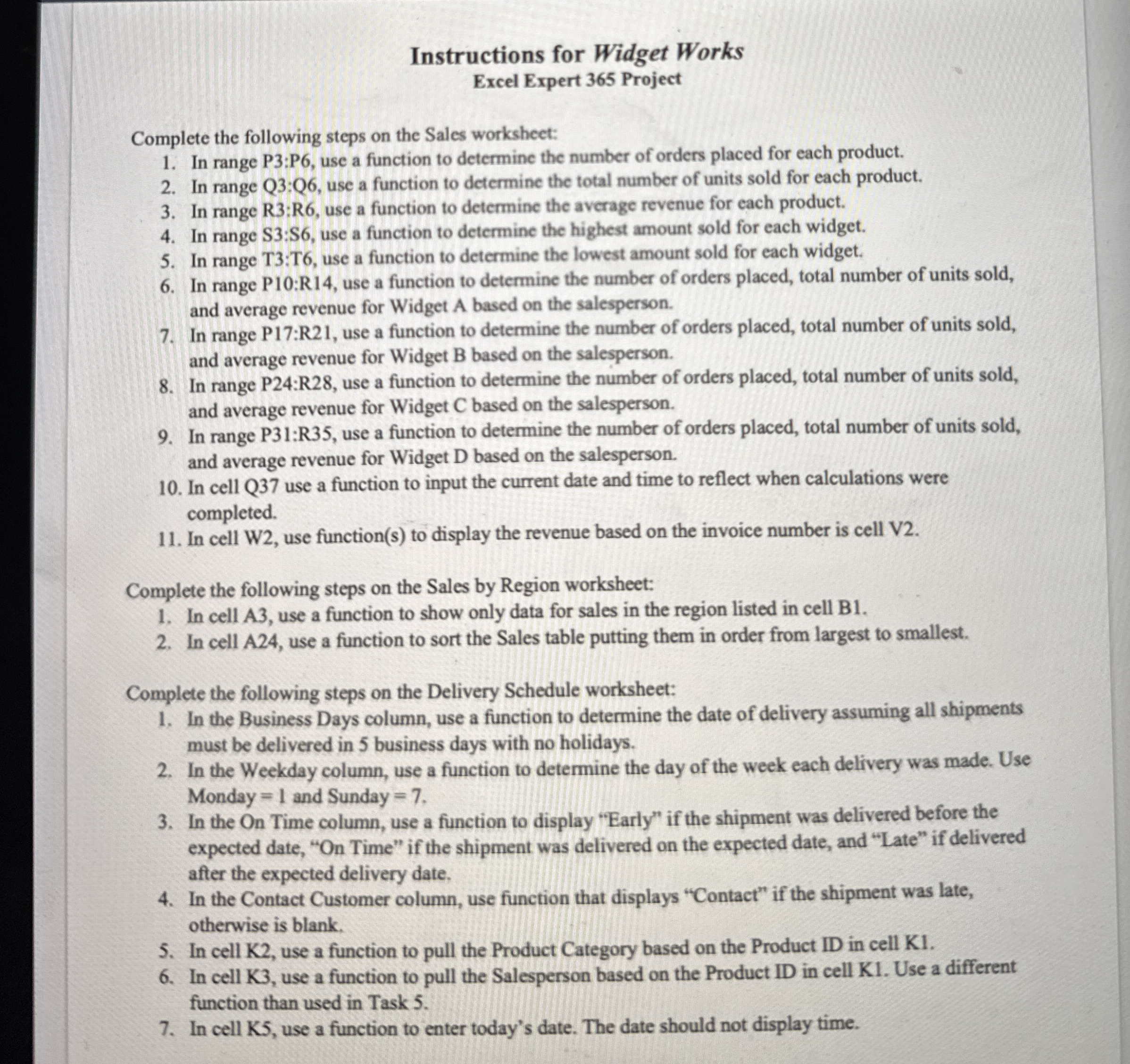 Instructions for Widget Works Excel Expert 3 6 5